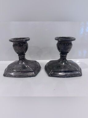 Vintage art deco silver plate candlestick holders pair square vase top taper